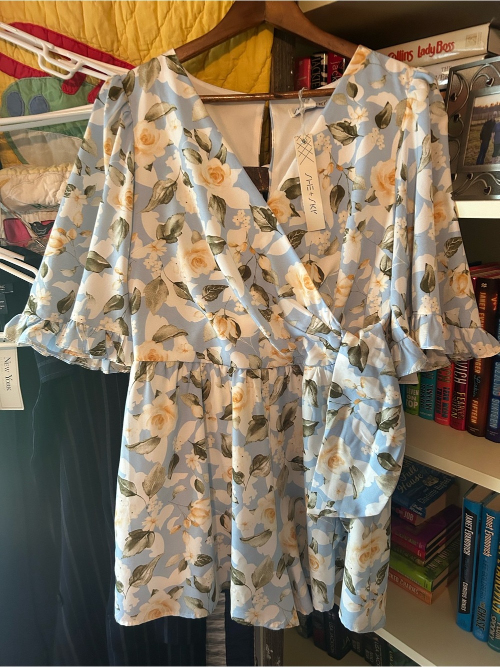 She + Sky Light Blue Floral Wrap Romper with Yellow Rose Print